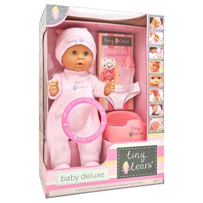 Image of John Adams Tiny Tears baby Deluxe interactive doll with 20 lifelike functions: One of the UK&#039;s best loved brands! Nurturing Dolls Ages 18m+
