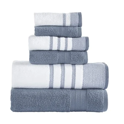 Image of Modern Threads 6 Piece Set, 2 Bath Towels, Hand Washcloths, Quick Dry White/Contrast Reinhart Denim
