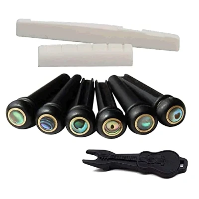 Image of Alnicov Acoustic Guitar Bone Bridge Saddle &amp; Nut Set and 6Pcs Ebony Pins with puller