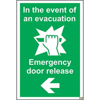 Image of In The Event Of Evacuation Emergency Door Release Safety Sign Self adhesive sticker 150mm x 100mm