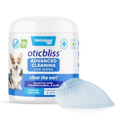 Image of Vetnique Labs Oticbliss Dog Ear Cleaning Wipes with Odor Control, Solution and Itch Relief Reduces Head Shaking for Dogs &amp; Cats Clear The 100ct