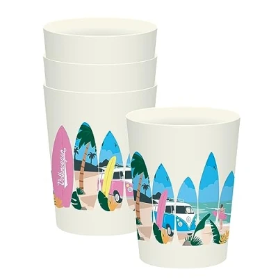 Image of Puckator VW Volkswagen Camper Bus Waves are Calling 4 Pc Picnic Cups 450ml Out of Rec&#039; Plastic Bottles Tumblers Reusable Camping Mugs Set Unbreakable Glasses for Adults