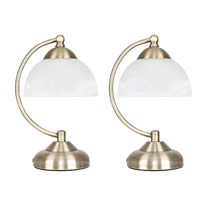 Image of Pair of MiniSun Curved Antique Brass &amp; Frosted Glass Bedside Table Lamps Complete with 4w LED Bulbs [3000K Warm White]