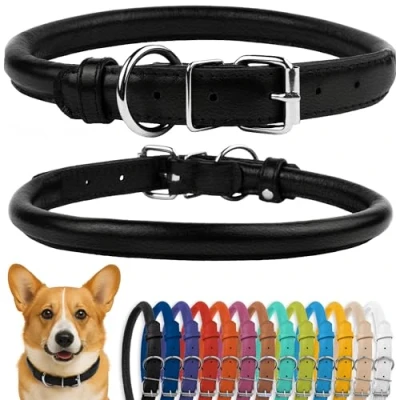 Image of CollarDirect Rolled Leather Dog Collar, Soft Padded Round Puppy Handmade Genuine Collar Small Large Cat Collars Black Pink Red Purple Blue (Fits 15&quot; 18&quot; Neck, Black)