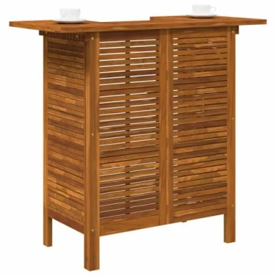 Image of vidaXL Patio Bistro Dining Furniture: Solid Acacia Wood Bar Table with Rustic Charm, Weather Resistant Construction, Oil Finish and Convenient Storage Shelves