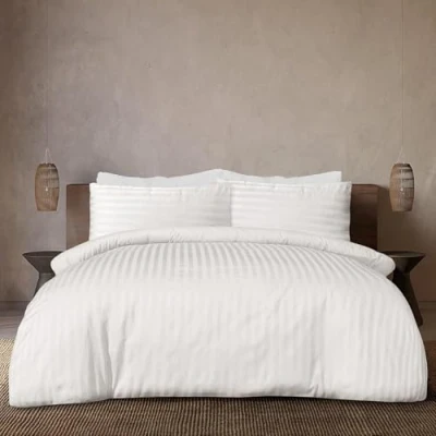 Image of Sleepdown Soft Hotel Quality 225 THREAD COUNT Polycotton Satin Stripe Duvet Cover Set With Pillowcases in White Colour (King)