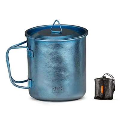 Image of TiTo Titanium Cup Camping Tea Coffee Water Mug Ultralight Portable Cookware 450ml Foldable Handle Pot with Lid for Outdoor Backpacking Hiking Picnic Drinkware Open Fire (Blue)