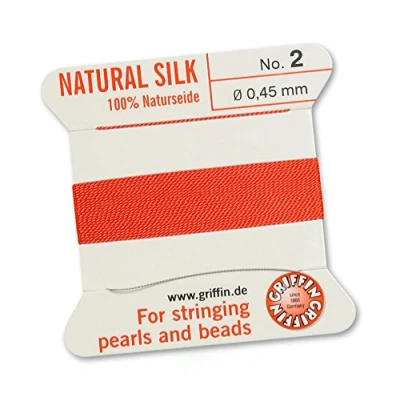 Image of GRIFFIN 100% Natural Silk Beading Cord String Thread Coral 2 metres with one needle Size 0.45mm