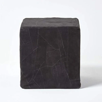 Image of HOMESCAPES Black Leather Suede Cube Pouffe 36 x 38 cm