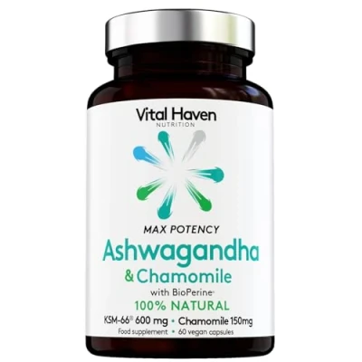 Image of 100% Natural Ashwagandha KSM 66 (600mg) + Chamomile (150mg) with Bioperine for Maximum Absorption Premium Ingredients Vegan Supplement Ayurveda Indian Ginseng Made in The UK by Vital Haven