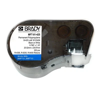 Image of Brady MFT 01 425 Polypropylene B Black on White Label Maker Cartridge, 1 11/64&quot; Width x 25/32&quot; Height, For BMP51/BMP53 Printers