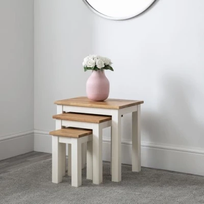 Image of Julian Bowen Coxmoor Nest of 3 Tables, Ivory, Lacquered Solid Oil Finish, White/Oak, Height: 48, Width: 50, Depth: 35cm