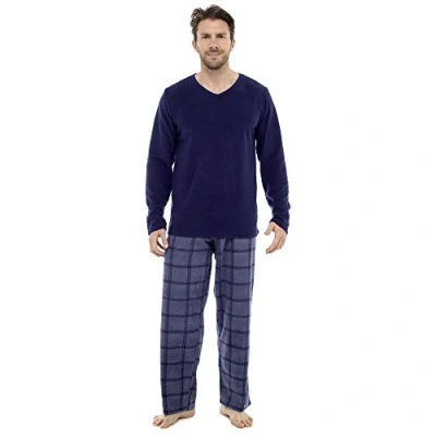 Image of Tom Franks Mens Fleece Top &amp; Checked Trousers Pyjama Set Blue L