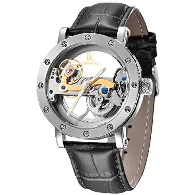 Image of Alienwork IK Automatic Watch Men Women Silver Leather Strap Black Skeleton Glass Bottom
