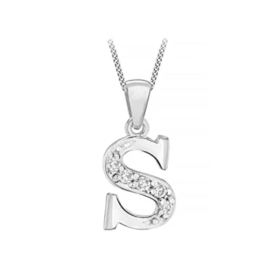 Image of Tuscany Silver Women&#039;s Sterling Rhodium Plated Initial &#039;S&#039; with Cubic Zirconia on Curb Chain of 46cm/18&#039;&#039;