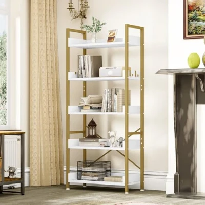 Image of YITAHOME Bookcase 5 Tiers, Floor Standing Book Shelf, Wooden Shelf and Stable Steel Frame Shelving Units with 4 Hooks Industrial Storage for Living Room, Home Office, Gold Bookshelf
