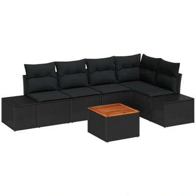 Image of vidaXL 6 Piece Garden Sofa Set with Cushions Black Poly Rattan Acacia