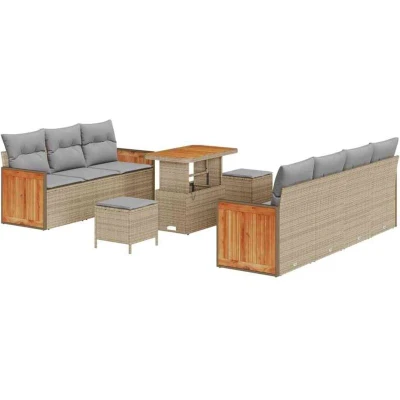 Image of vidaXL 10 Piece Garden Sofa Set with Cushions Beige Poly Rattan Acacia
