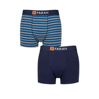 Image of Mens 2 Pack Farah Plain and Striped Cotton Classic Fitted Trunks Fine Stripe Navy / Blue L