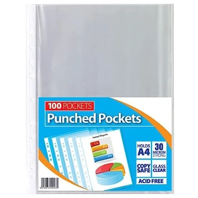 Image of 1ABOVE 30 Micron 100Pack A4 Glass Clear Plastic Wallets Punched Poly Pocket Paper Document Files (1)
