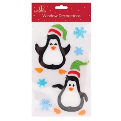 Image of SKYTE® Christmas Xmas Window Stickers Gel Jelly Decals Decorations Multicoloured Clings Glass with Santa Reindeer Snowman Penguin Snowflakes (Twin Set)