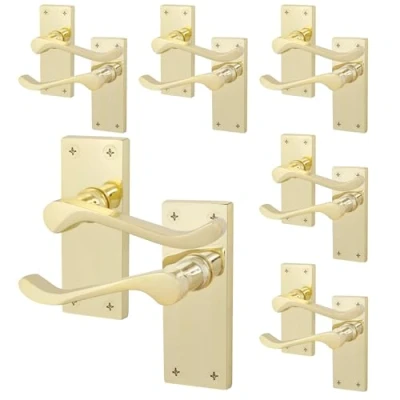 Image of EAI Polished Brass Victorian Scroll Door Handles 6 Pairs of Internal Lever Latch on Backplate