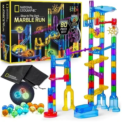 Image of National Geographic Glowing Marble Run 80 Piece Construction Set with 15 Glow in the Dark Glass Marbles, Mesh Storage Bag &amp; Pouch, Great Creative STEM Toy for Girls Boys
