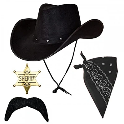 Image of Texan Cowboy Black Hat + Bandana Gold Western Sheriff Badge Moustache : 4 Piece Adult Wild West Fancy Dress Accessory Set