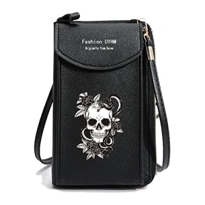Image of FINDING CASE Crossbody Phone Bag for Women, Leather Ladies Cross Body Handbags Mobile Pouch with Long Strap Zips Card Slots, Small Cellphone Shoulder Bags Coin Purse Wallet Gifts (Skull)