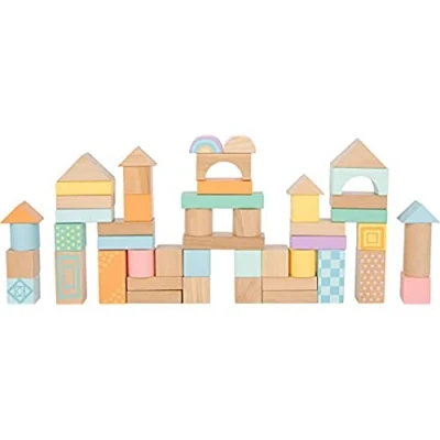 Image of Small Foot 11722 Wooden Building Blocks Pastell for toddlers, 50 piece set of shapes, ages 12+ months