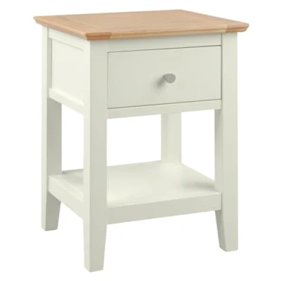 Image of Hallowood Furniture Clifton Oak Off White Side Table with Drawer and Shelf, Solid Wooden Small Bedside Coffee Table, Plant Stand, Lamp for Bedroom, Living Room