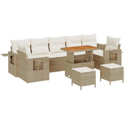 Image of vidaXL 10 Piece Garden Sofa Set with Cushions Beige Poly Rattan Acacia