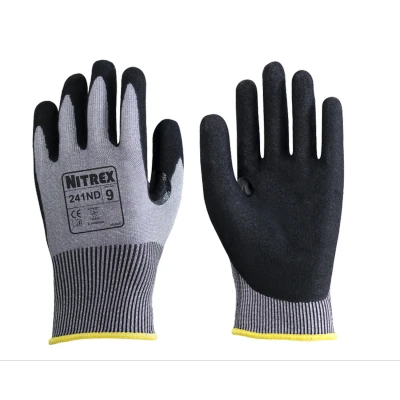 Image of Unigloves Nitrex 241ND Reusable 10 pairs Gloves with NitreGuard and NitreGrip Technology, Sandy Nitrile Palm Coating an Ultra Lightweight Cut Resistant Liner, in Grey/Black