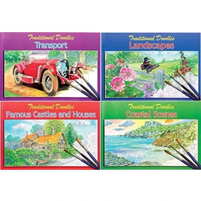 Image of Set of 4 Traditional Doodles Adults Colouring Books Landscapes, Coastal Scenes, Transport, Famous Castles &amp; Houses