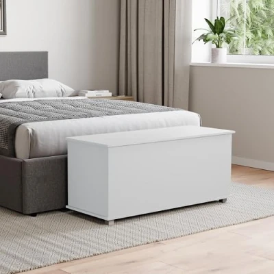 Image of Vida Designs Leon Storage Ottoman, Wooden Chest with Lid, Seat, Stool, Window Bench, Blankets, Bedding, Toy Box, Footstool, White