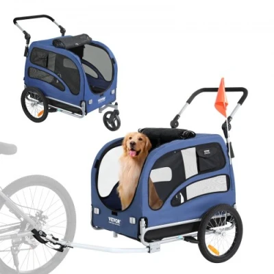Image of VEVOR Dog Bike Trailer, Supports up to 100 lbs, 2 in 1 Pet Stroller Cart Bicycle Carrier, Easy Folding Frame with Quick Release Wheels, Universal Coupler, Reflectors, Flag, Blue/Black