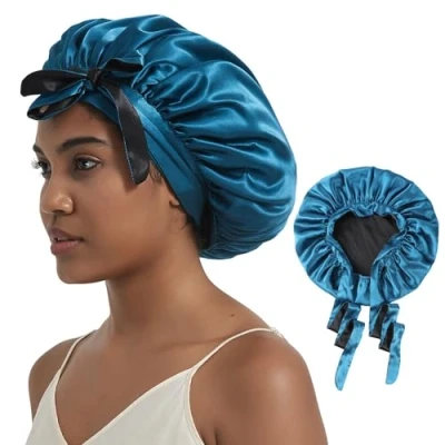 Image of Hat Hut Satin Bonnet Silk for Sleeping Cap Curly Hair Women Double Layer Reversible with Tie Band (Prussian Blue/Black)