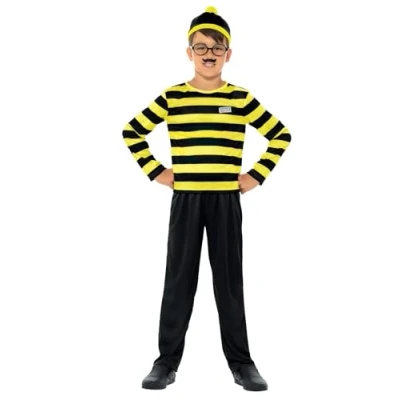 Image of Smiffys Where&#039;s Wally Odlaw Costume, Childrens Black &amp; Yellow Top, Trousers, Hat, Moustache Glasses, Official License Outfit for Themed Parties or World Book Day Halloween