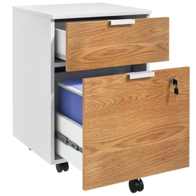 Image of HOMCOM 2 Drawer Filing Cabinet with Lock and Wheels, Mobile File Adjustable Hanging Bars for A4 Letter, Under Desk Office Cabinet, White Natural Wood Effect