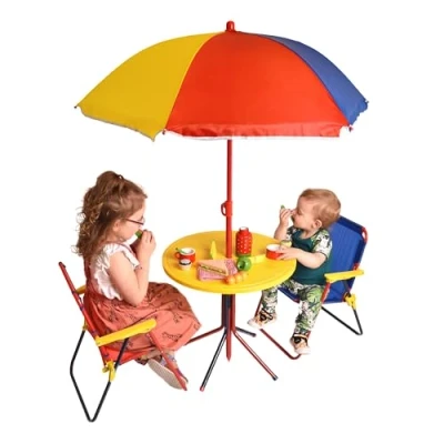 Image of Relsy Kids Patio Set Multicoloured Outdoor Table And Chair 2 X Folding Chair, Collapsible Picnic Table, Umbrella 4 Piece Garden Furniture For Children
