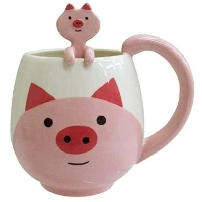 Image of Funny Coffee Mug 14 oz Pig with Spoon Gift Novelty Cup Ceramic for Women Men Birthday Christmas