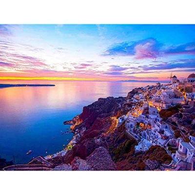 Image of Wee Blue Coo Photo Landscape Seascape Santorini Greece Sunset Art Print Poster Wall Decor 12X16 Inch