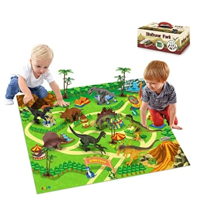 Image of SOKA Dinosaur Toy Figure Set with Activity Play Mat Playmat &amp; Trees for Kids Children Realistic Toys Educational Playset Boys Girls Including T Rex, Triceratops, Velociraptor