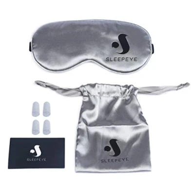 Image of Sleep Mask Ear Plug Travel Set Grey Silk Sleeping Eye Soft Natural Cotton Filled Adjustable Strap with Carry Bag