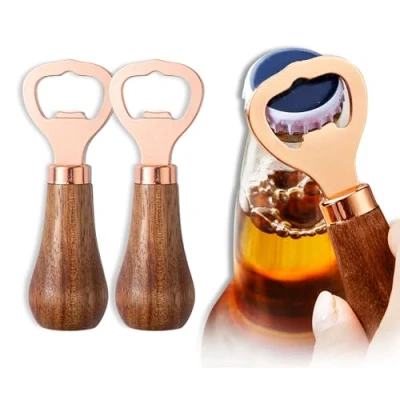Image of 2Pcs Beer Openers, Bottle Wooden Handle Opener, Stainless Steel Flat Handheld Soda Glass Cap for Kitchen Bar Restaurant (Golden).