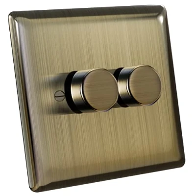 Image of Zigtiger Led Dimmer Switch, Switch for Dimmable Lights/Incandescent/Halogen, Trailing Edge Switches 2 Gang Way, 3 100 Watts, No Neutral Required, Antique Brass