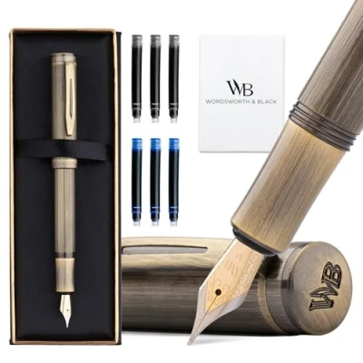 Image of Wordsworth and Black Fountain Pen Mini EDC: Luxury Bronze Heavy Pocket Pen, Medium Nib, 6 Ink Cartridges, Converter, Travel Refillable Writing Gift Set, Men &amp; Women