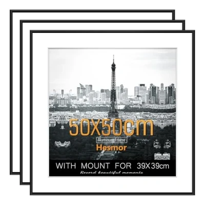 Image of Hesmor Picture Frames Set of 3 Black 50 x 50cm Photo Frame Aluminum Acrylic Certificate Frames, Poster for Wall Mounting, 20x20 Inch with Mat Portrait, Printing, Landscape