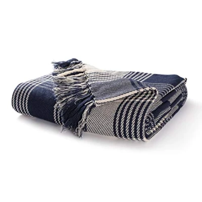 Image of EHC Premium Reversible 100% Cotton Large 225 x 250 cm Tartan Throws for Sofa, Bedspread, Navy Blue