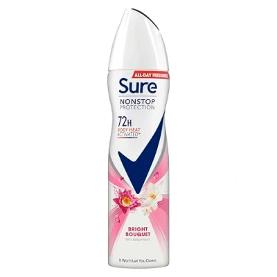 Image of Sure Bright Bouquet Nonstop protection MotionSense technology Deodorant spray Anti perspirant Aerosol 72h against sweat and odour